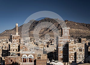 View of sanaa city old town architecture skyline in yemen