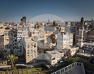 View of sanaa city old town architecture skyline in yemen