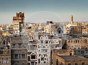 View of sanaa city old town architecture skyline in yemen