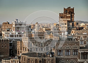 View of sanaa city old town architecture skyline in yemen