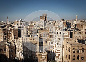 View of sanaa city old town architecture skyline in yemen