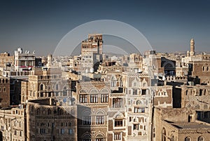 View of sanaa city old town architecture skyline in yemen