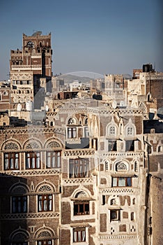 View of sanaa city old town architecture skyline in yemen