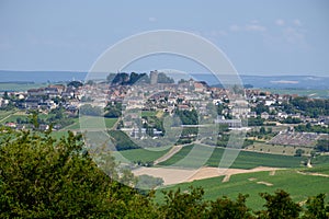 View on Sancerre, medieval hilltop town in Cher department, France overlooking the river Loire valley with Sancerre Chavignol
