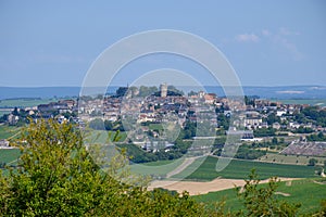 View on Sancerre, medieval hilltop town in Cher department, France overlooking the river Loire valley with Sancerre Chavignol