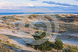 View of sand dunes of Curonian Spit, Kurshskaya Kosa National Park, Curonian Lagoon and the Baltic Sea, Kaliningrad Oblast, Russia