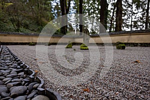 View of sand and stones ground in the Portland Japanese Garden, karesansui style