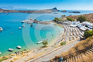 View of sandy beach in Bay of Lindos Rhodes, Greece