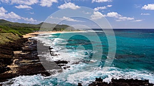 View of Sandy Beach Park, from the Halona Blowhole lookout, Hawaii.