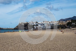 View on sandy dunes and turquoise water of Sotavento beach, Costa Calma, Fuerteventura, Canary islands, Spain in winter