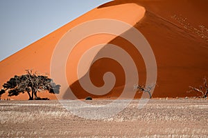 View of a sandy red dune in a salt and clay dry lake bed in Sossusvlei, South Africa