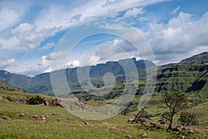 View of the Sani Pass, dirt rural road though the mountains which connects South Africa and Lesotho.