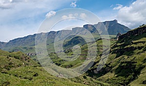 View of the Sani Pass, dirt rural road though the mountains which connects South Africa and Lesotho.