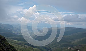 View of the Sani Pass, dirt rural road though the mountains which connects South Africa and Lesotho.