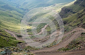 View of the Sani Pass, dirt rural road though the mountains which connects South Africa and Lesotho.