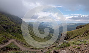 View of the Sani Pass, dirt rural road though the mountains which connects South Africa and Lesotho.