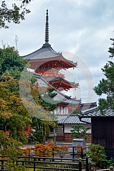 The view of Sanju-no-to three-storied pagoda at Kiyomizu-dera temple. Kyoto. Japan