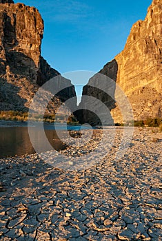 A view of Santa Elena Canyon in Big Bend National Park. Cliffs rise steeply photo