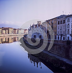 View of the Santa Maria della Spina Church in Pisa, shot with analogue film