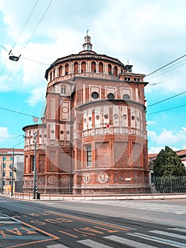 View of Santa Maria Novella church in milan, renaissance style, house of the da vinci`s fresco
