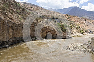 View of the Santa river, near the route to Pavas in the morning, surrounded by diverse vegetation, located in Caraz, Ancash - Peru