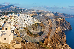 View of Santorini island with Thira town