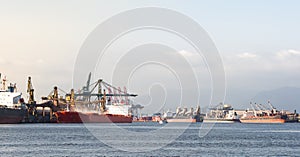 View of Santos Port Canal with anchored ships being loaded