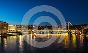 View of Saone river at late sunset  in Lyon, France