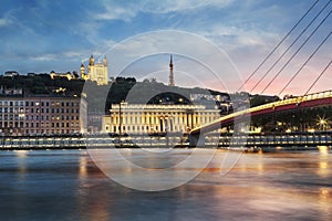 View of Saone river at sunset in Lyon city