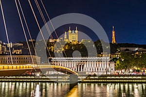 View of Saone river and Vieux Lyon at late sunset