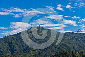 View of Sarangkot Mountain from Phewa Pake in pokhara city lake side of Nepal