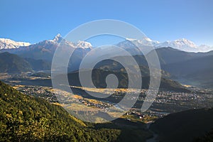 View from Sarangkot towards the Annapurna Conservation Area & the Annapurna range of the Himalayas, Nepal