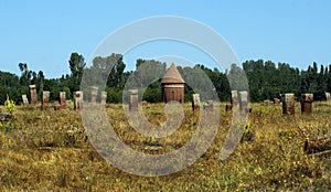 The view of the sarcophagi with various inscriptions covering the whole land under a bright sky