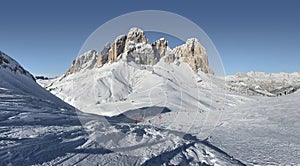 View of the Sassolungo Langkofel Group of the Italian Dolomites from the Val di Fassa Ski Area, Italy