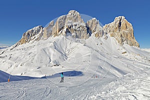 View of the Sassolungo Langkofel Group of the Italian Dolomites from the Val di Fassa Ski Area, Trentino-Alto-Adige region, Italy