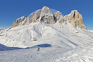 View of the Sassolungo Langkofel Group of the Italian Dolomites from the Val di Fassa Ski Area, Trentino-Alto-Adige region, Italy photo