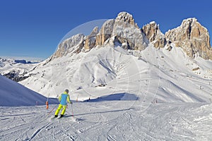 View of the Sassolungo Langkofel Group of the Italian Dolomites from the Val di Fassa Ski Area, Trentino-Alto-Adige region, Italy photo