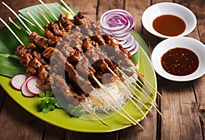 view satay surfaceTop sapi Beef plate wooden Sate angle