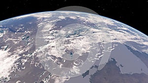 View from satellite flying over Planet Earth from space 3D illustration orbital view, our planet from the orbit