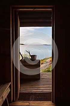 View from sauna door to the gulf of Bothnia