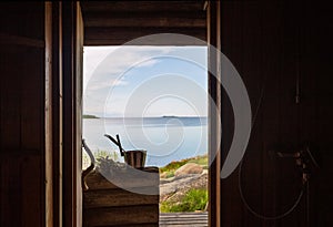 View from sauna door to the gulf of Bothnia