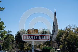 View on Sauternes village and vineyards, making of sweet dessert Sauternes wines from Semillon grapes affected by Botrytis cinerea