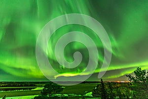 View from scandinavian hill to bright green aurora lights almost on the whole sky over tree tops in Sweden, river, clear skies