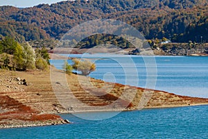 View of the scenic Aoos artificial lake shore in Epirus, Greece