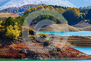 View of the scenic Aoos artificial lake shore in Epirus, norther