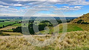 View of scenic Canterbury Plains from Lees Valley in New Zealand