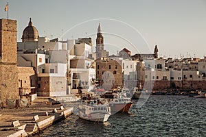 View of scenic city scape and a fishing harbor with marina in Monopoli,