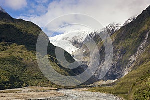 View on the scenic panorama of the Franz Josef Glacier on the west coast of New Zealand.