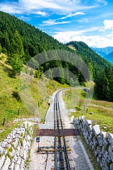 View of Schafberg train and railways. SCHAFBERGBAHN Cog Railway running from St. Wolfgang up the Schafberg, Austria