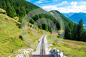 View of Schafberg train and railways. SCHAFBERGBAHN Cog Railway running from St. Wolfgang up the Schafberg, Austria